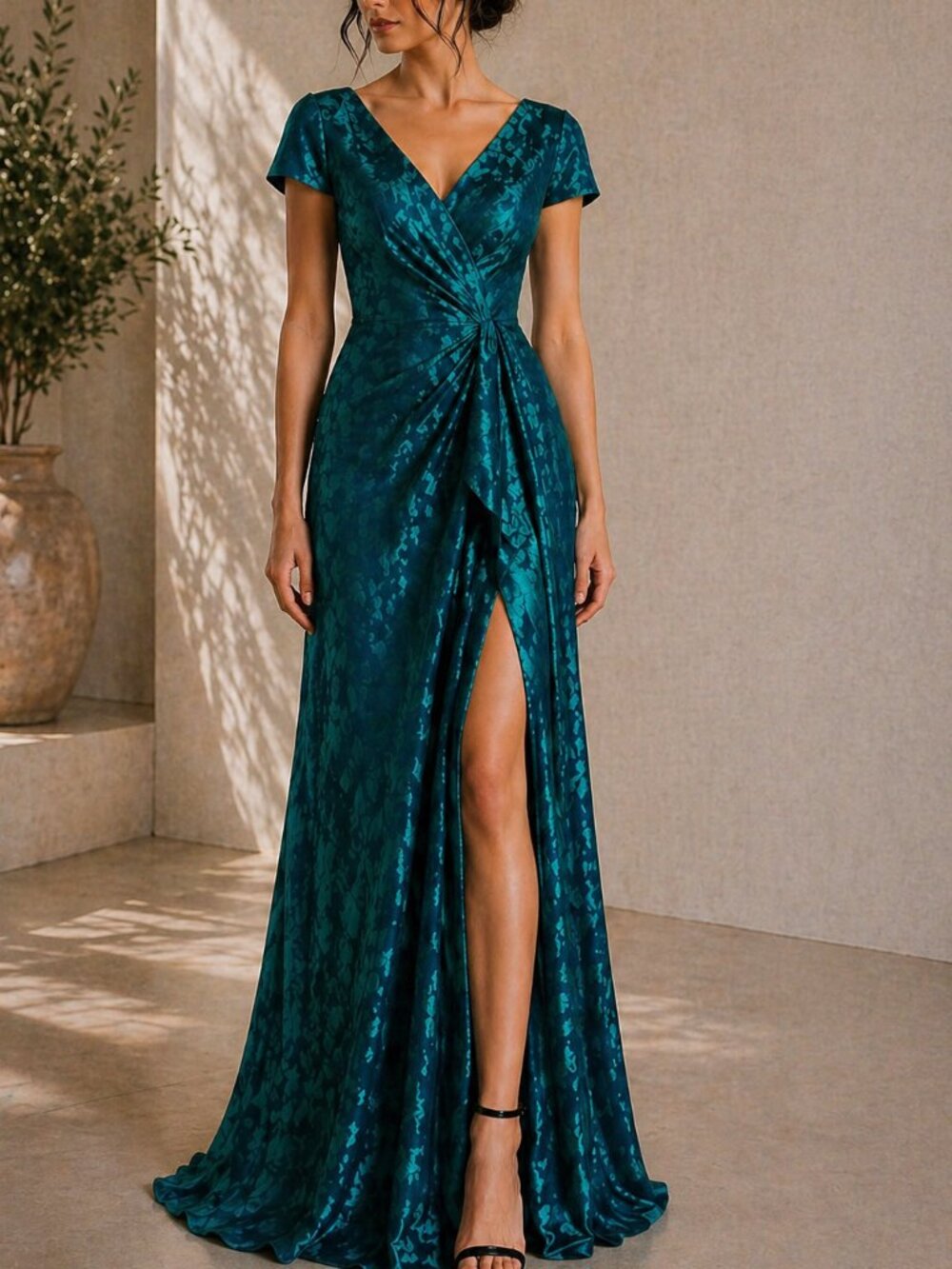 Rene Ruiz Pewter Sequined Off-Shoulder Gown Metallic Floral Slit Formal Dress